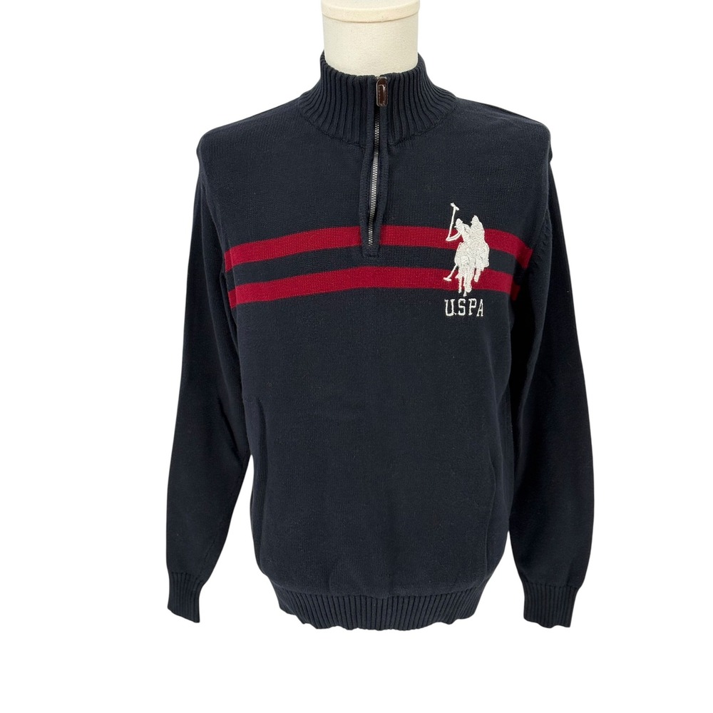 U.S. Polo Assn. Quarter Zip Sweater Navy Blue Red Stripe 100% Cotton Large